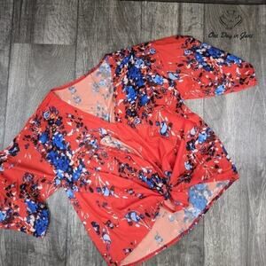 Amzbrly V Neck Silky Bowknot Tie Front 3/4 sleeve Size S